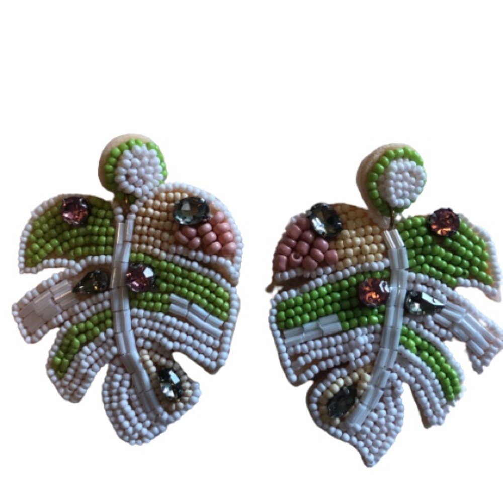 NWT Tropical Leaf Beaded Rhinestone Party Post Earrings